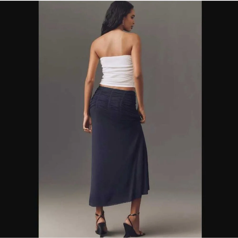 Anthropologie Maeve Ruched Yoke Column Maxi Skirt Navy Blue Small NWT Lined